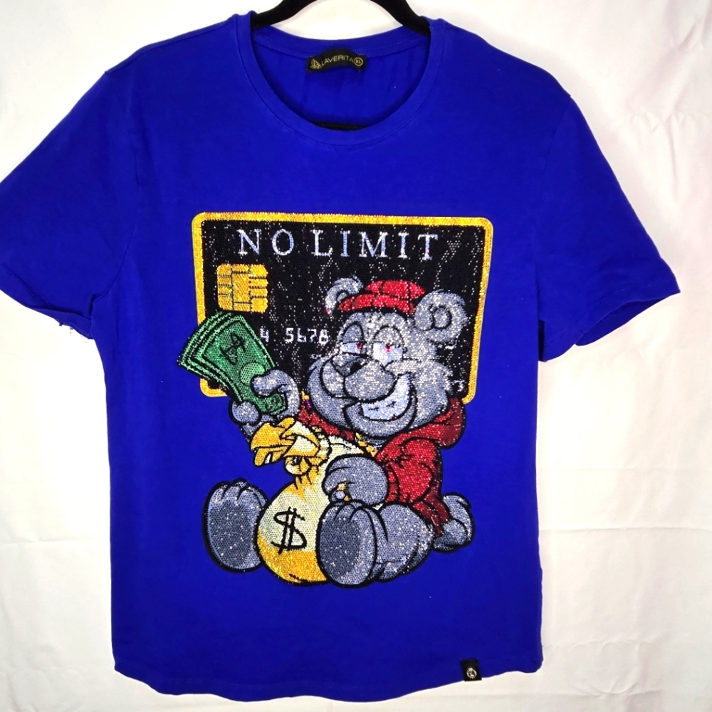 Laverita European Royal Blue Sz. XL Blingy Rhinestone T-Shirt No Limit Cha-Ching